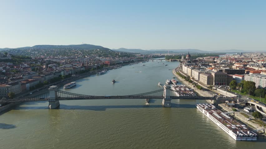 Aerial forward drone shot over Budapest’s Danube River, flying toward the Széchenyi Chain Bridge while ferry boats navigate the water below.