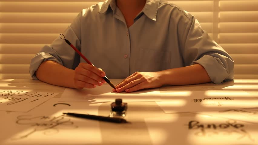 Calligraphy. Woman with brush writing word Keep on sheet of paper at table indoors, closeup