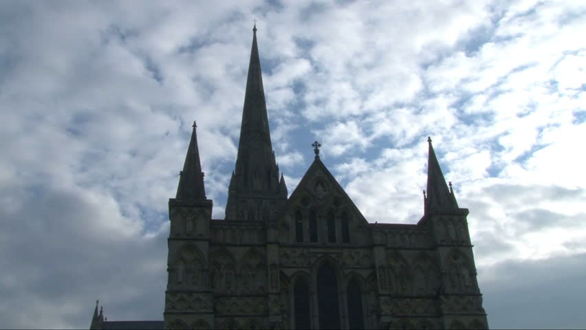 The front entrance to Salisbury Cathedral in England.