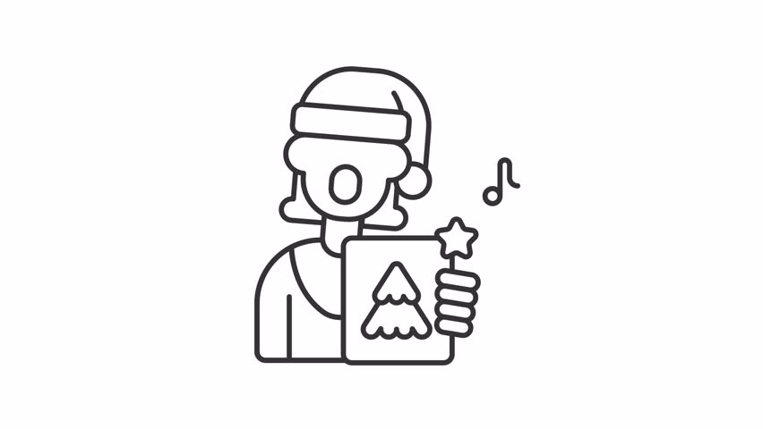 Animated woman singing carols line icon. Female singer performing Christmas noels animation. Winter holiday tradition. Xmas fun. Outline element on white background. HD video with alpha channel