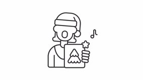 Animated woman singing carols line icon. Female singer performing Christmas noels animation. Winter holiday tradition. Xmas fun. Outline element on white background. HD video with alpha channel - Powered by Shutterstock - Get 15% off with code: PIKWIZARD15