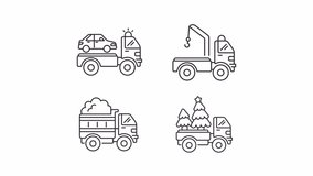 Animated winter service machines line icons. Transporting car, snow and Christmas trees animation set. Trucks delivering. Outline elements on white background. HD video with alpha channel - Powered by Shutterstock - Get 15% off with code: PIKWIZARD15