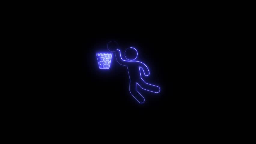 glowing neon basketball-player-scoring icon animation black background. 4K Video motion graphic animation.
