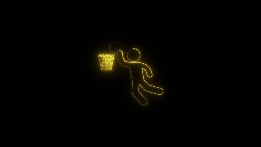 glowing neon basketball-player-scoring icon animation black background. 4K Video motion graphic animation.