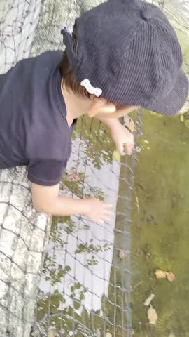 A little kid wearing a black hat is looking at an empty fish pond in a public playground. 