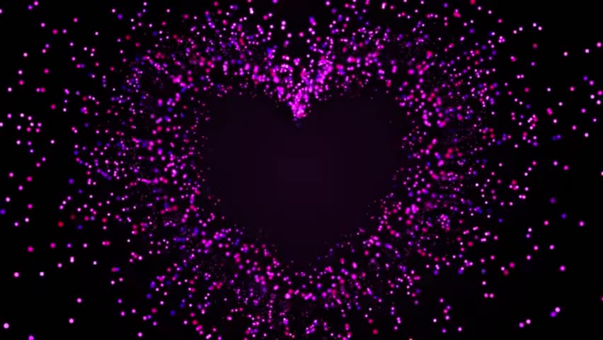 A looping motion graphic video features a stylized pink and purple digital particles moving toward the viewer and swirling into a heart shape.