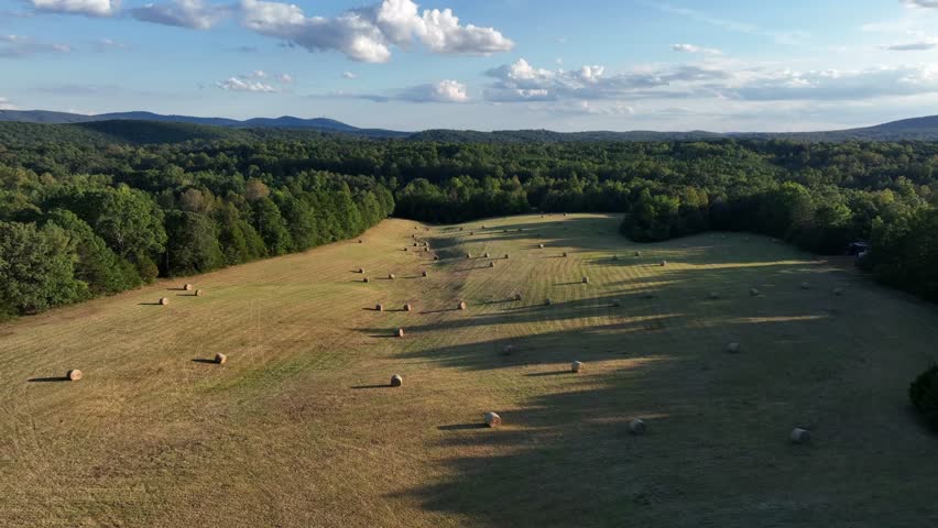 Several hay bales of agricultural farm fields surrounded by forest trees and mountains. Sunny summer day. Aerial wide shot. Countryside of USA.