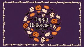 4K Halloween animation with ghosts, pumpkins, skulls, bats, and “BOO!” text forming a circular frame around “Happy Halloween Trick or Treat” message on a purple background with bone border. - Powered by Shutterstock - Get 15% off with code: PIKWIZARD15