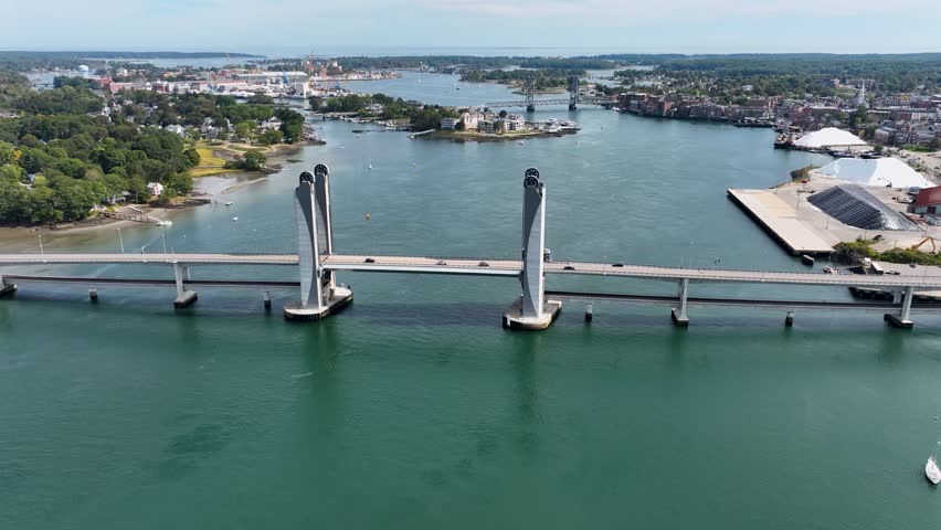 Aerial view of the Sarah Mildred Long Bridge spanning the Piscataqua River in Portsmouth, New Hampshire.