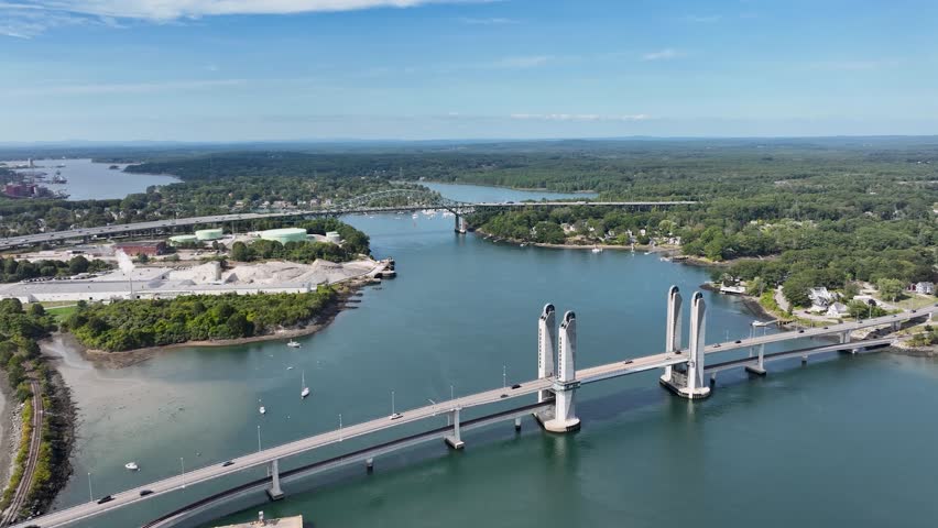 Aerial view of the Sarah Mildred Long Bridge spanning the Piscataqua River in Portsmouth, New Hampshire.