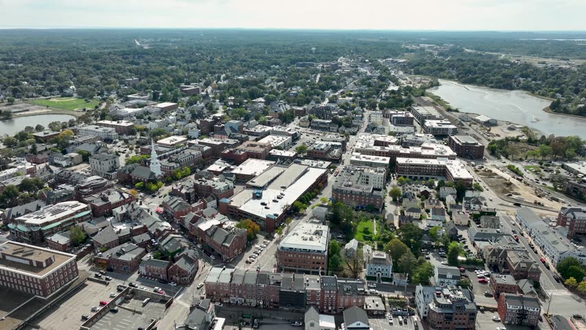 Aerial view of downtown Portsmouth, New Hampshire showcasing historic brick buildings and compact city layout.