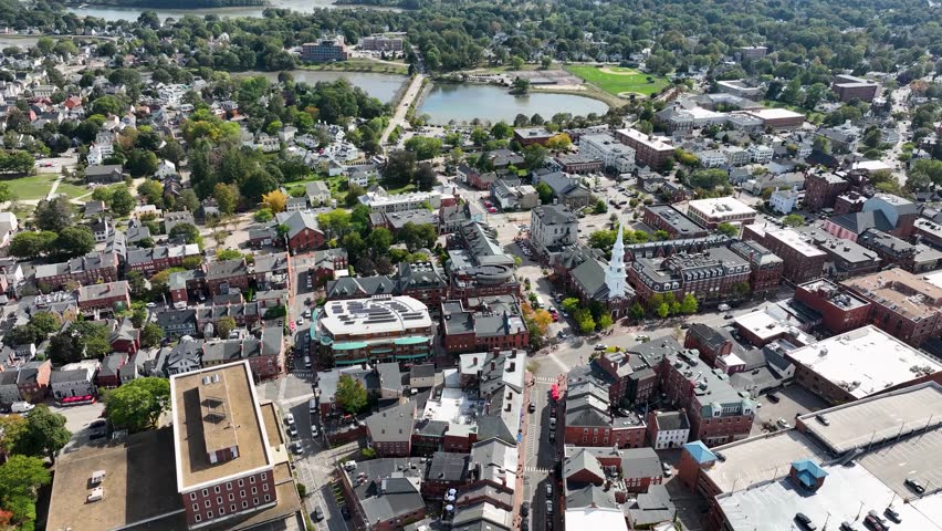 Aerial view of downtown Portsmouth, New Hampshire showcasing historic brick buildings and compact city layout.