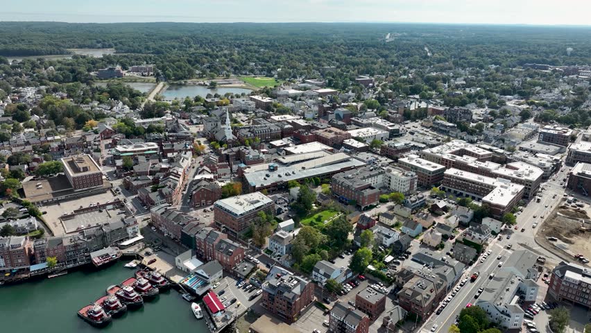 Aerial view of downtown Portsmouth, New Hampshire showcasing historic brick buildings and compact city layout.