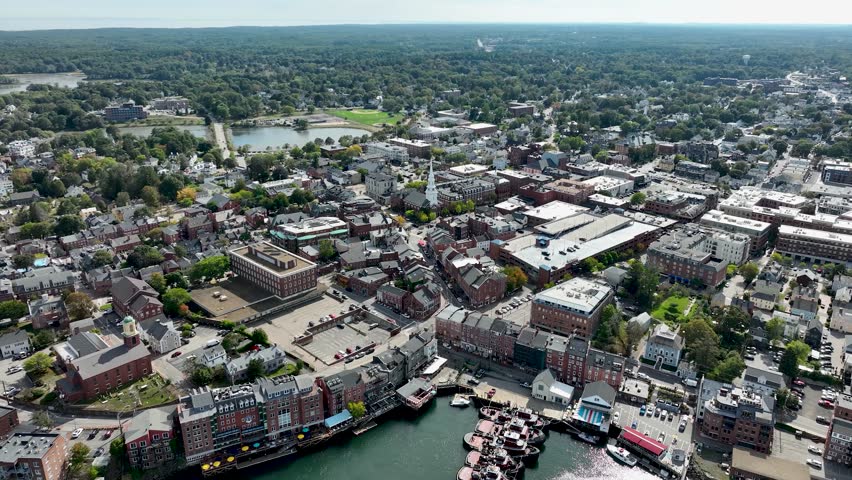 Aerial view of downtown Portsmouth, New Hampshire showcasing historic brick buildings and compact city layout.