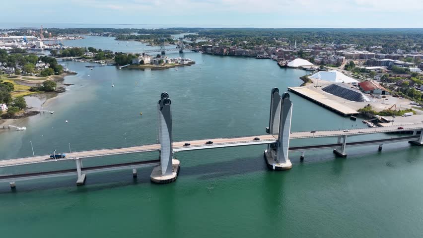 Aerial view of the Sarah Mildred Long Bridge spanning the Piscataqua River in Portsmouth, New Hampshire.