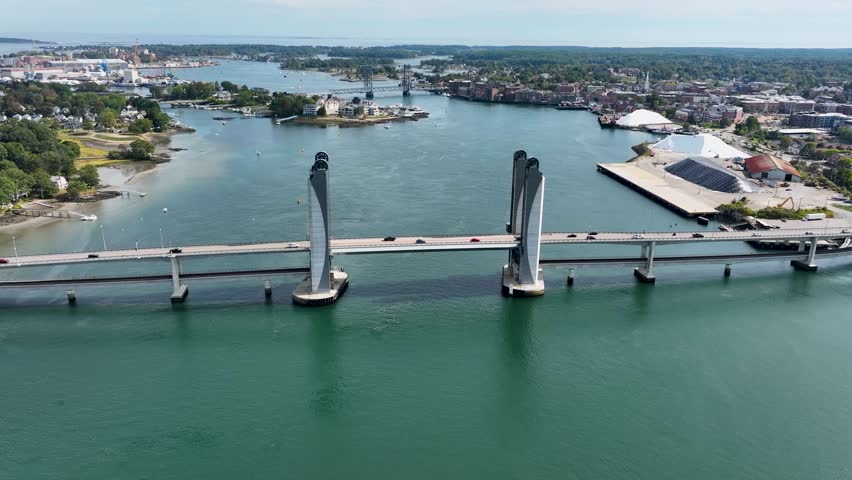 Aerial view of the Sarah Mildred Long Bridge spanning the Piscataqua River in Portsmouth, New Hampshire.