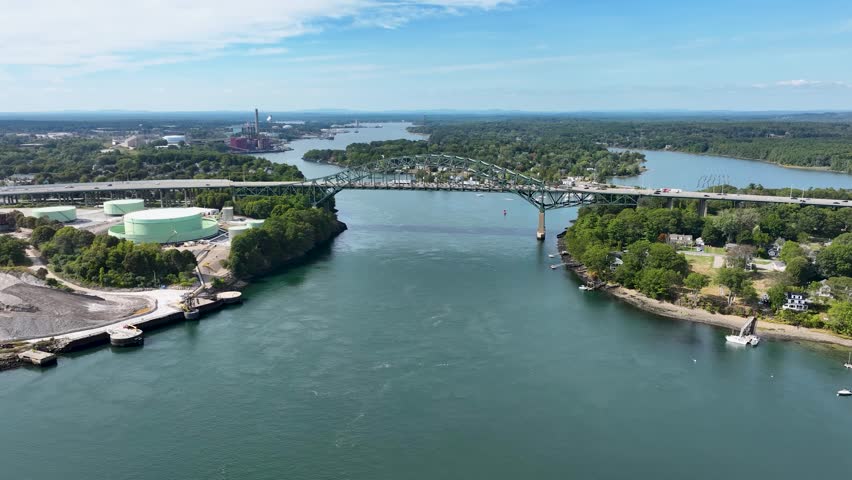 Aerial view of the Piscataqua River Bridge carrying Interstate 95 across the wide river between New Hampshire and Maine.