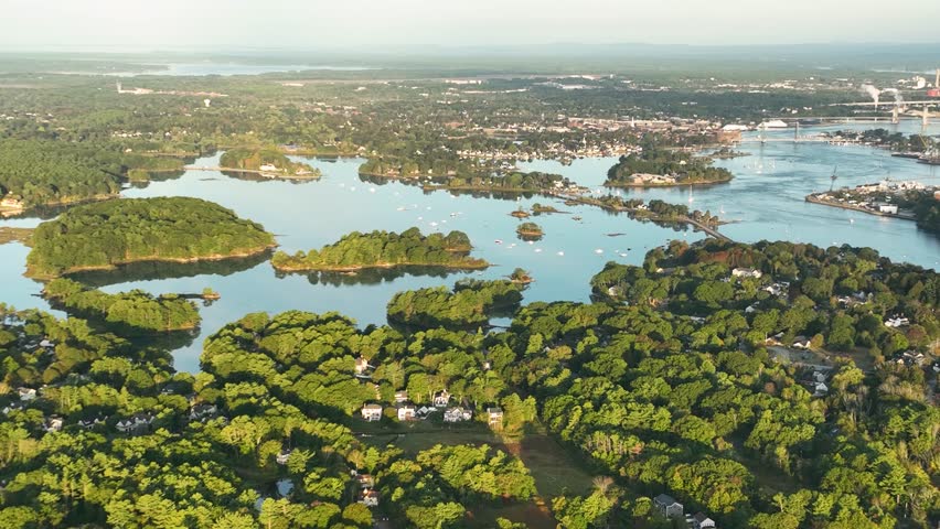 Aerial view of Portsmouth, New Hampshire surrounded by waterways with the Piscataqua River flowing through.