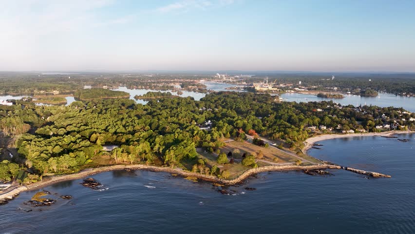 Aerial view of Portsmouth, New Hampshire surrounded by waterways with the Piscataqua River flowing through.