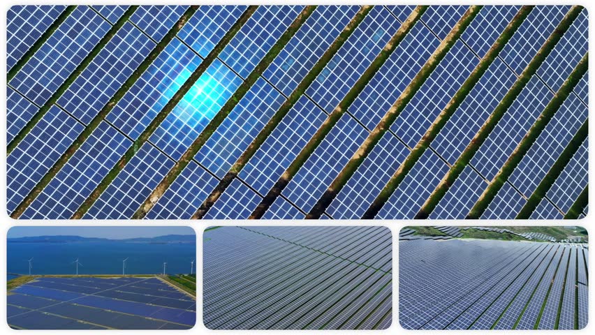 Collage of drone aerial footage of various mega solar power plants, transitioning from a white background