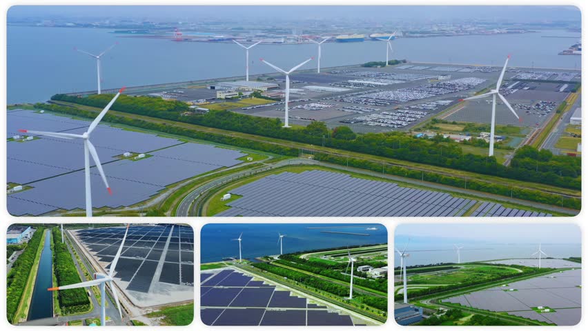 A collage of drone aerial footage of various renewable energy power plants, transitioning from a white background