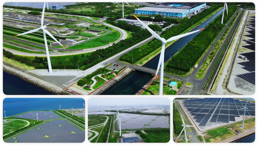A collage of drone aerial footage of various renewable energy power plants, transitioning from a white background