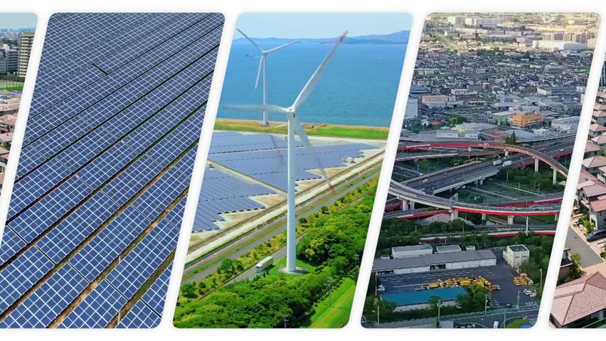 A collage of drone aerial footage of various industrial scenes, transitioning from a white background