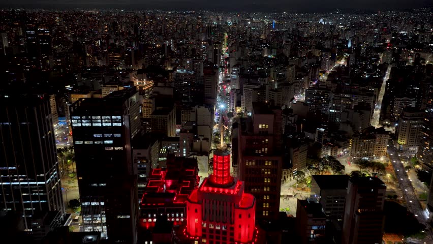 Sao Paulo Skyline At Sao Paulo In Brazil. Illuminated City Landscape. Downtown City Scenery. Highrise Buildings. Sao Paulo Skyline At Sao Paulo In Brazil. Business Skyscrapers.