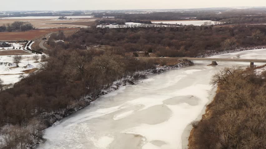 Frozen River drone shot in nebraska