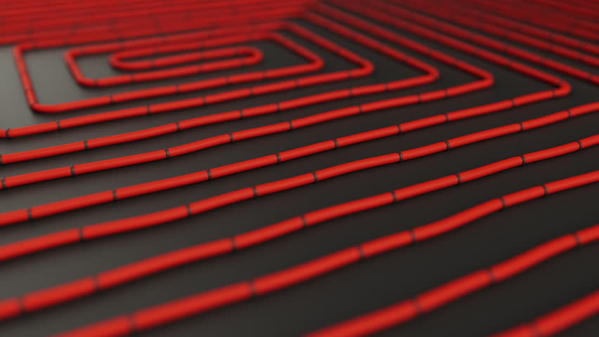 Red pipes on dark floor. Construction of underfloor heating system. Animation of water pipes for house warming.