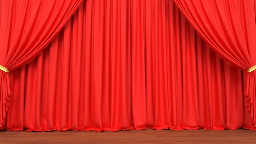 Red curtains opening on the stage and a green background