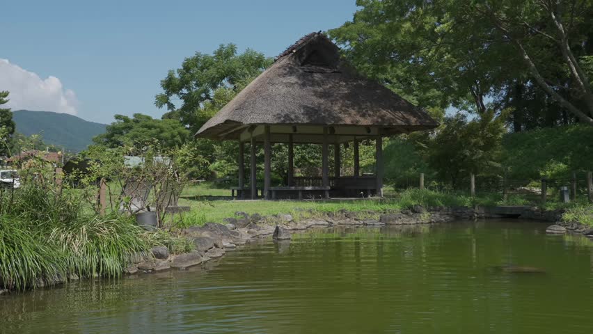 The garden of Yuzuki Castle in Matsuyama (one of Japan's Top 100 Castles): a thatched-roof pavilion by clear water, summer breeze stirring ripples, surrounded by greenery, quiet and serene.