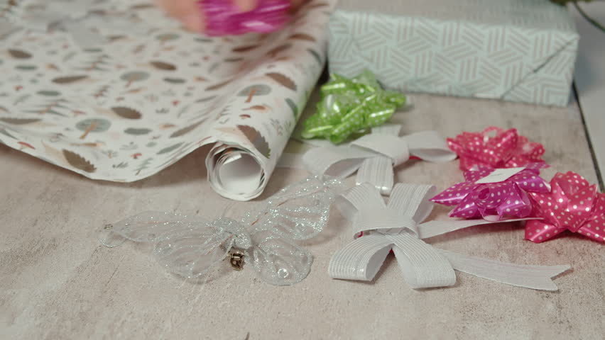 Hands preparing wrapping paper with bows and gift box