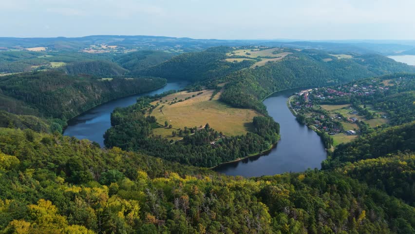 Scenic river bend aerial bright