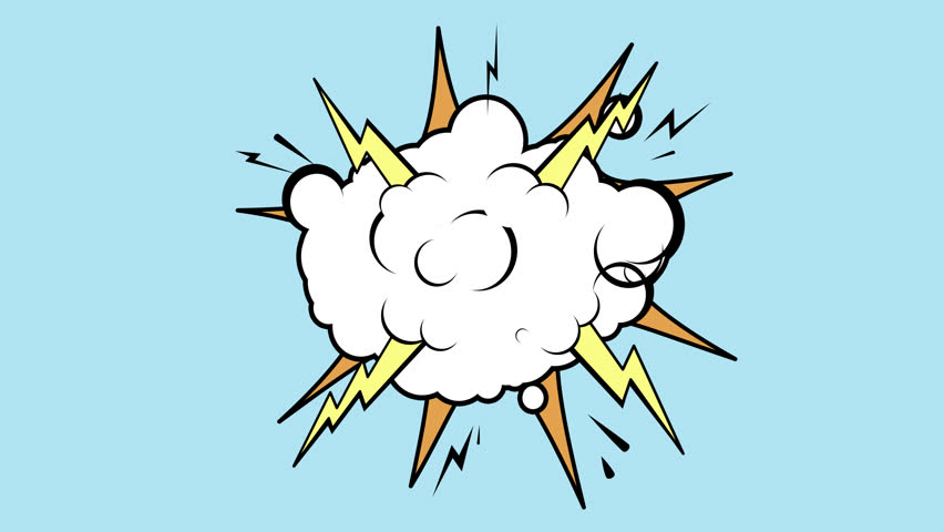 Cartoon explosion with blank cloud, lightning bolts, stars and smoke puffs over a blue background - Powered by Shutterstock - Get 15% off with code: PIKWIZARD15