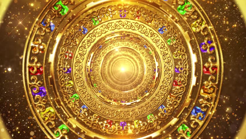 Kazakh ornaments. A digital artwork flaunting a jaw-droppingly detailed, golden circular mandala with layers of intricate patterns and gemstones. - Powered by Shutterstock - Get 15% off with code: PIKWIZARD15