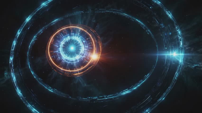 A futuristic abstract structure floating in space, with the main focus being an energy core that emits blue and orange light. This core is surrounded by intricate concentric rings.
