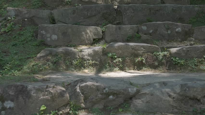 The ancient stone walls and steps of Uwajima Castle (one of Japan's Top 100 Castles) in the mountains and forests show the beauty of time under soft sunlight and lush vegetation.