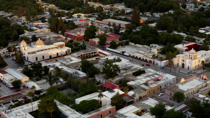 Colonial small town of Parras in Coahuila at sunset, Mexico. Aerial
