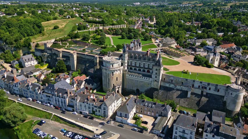 Panoramic drone fly near the medieval Amboise Castle aka Chateau royal d