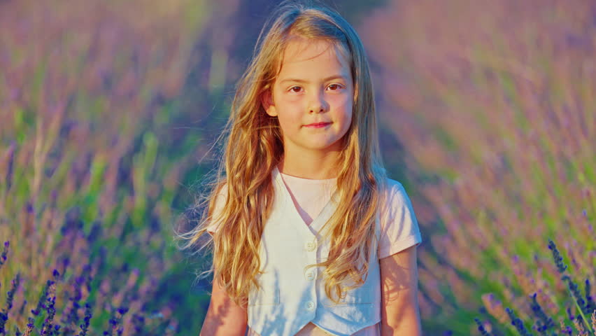 Portrait of a little beautiful girl in blooming lavender field