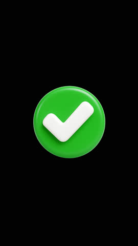 3D green check mark animation on black background. Glossy symbol of approval, success and confirmation for apps, mobile design, social media, notifications and user interface projects