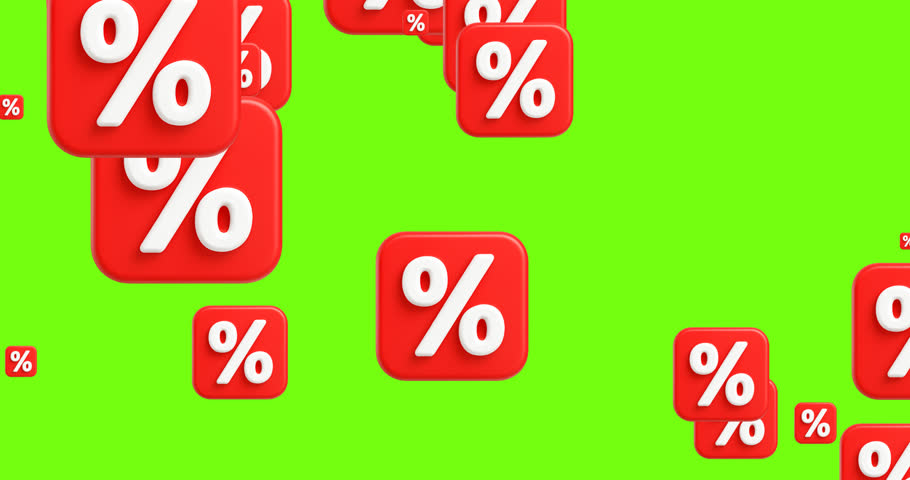 3D red percent icons falling down on green background. Dynamic discount animation for sale banners, promo ads, shopping campaigns, Black Friday, Cyber Monday, and special offers marketing
