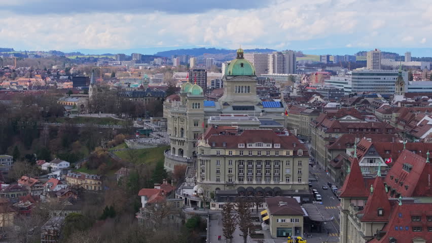 Aerial view of the Bundeshaus, Federal Palace of Switzerland, site of the Swiss Federal Assembly and Federal Council located in Bern, the capital city