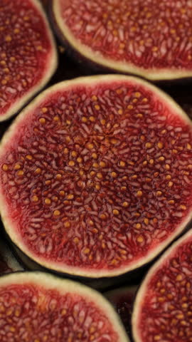 Ripe figs slices rotation. Healthy breakfast, natural dessert, juicy organic fig