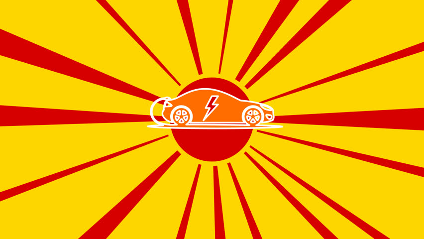 Electric car symbol on the background of animation from moving rays of the sun. Large orange symbol increases slightly. Seamless looped 4k animation on yellow background