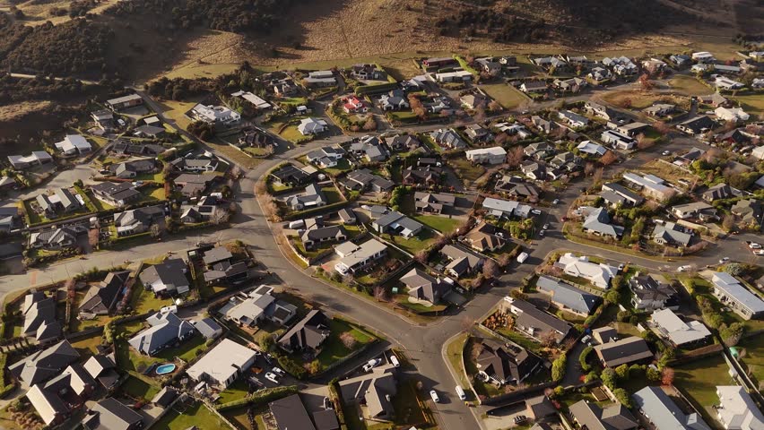 Residential neighborhood in Wanaka, New Zealand. Aerial top-down view