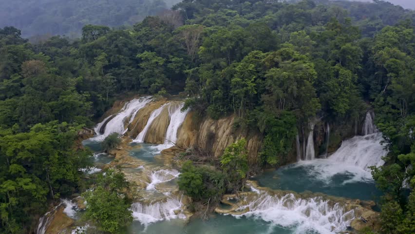 Aerial stunning view of the iconic Cascadas de Agua Azul in Chiapas, Mexico.