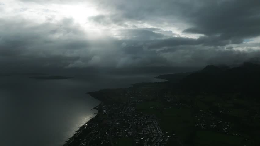 Aerial View of Ranco Lake with Forest Mountains and Blue Sky Southern Chile 