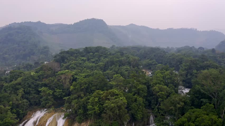Aerial stunning view of the iconic Cascadas de Agua Azul in Chiapas, Mexico.
